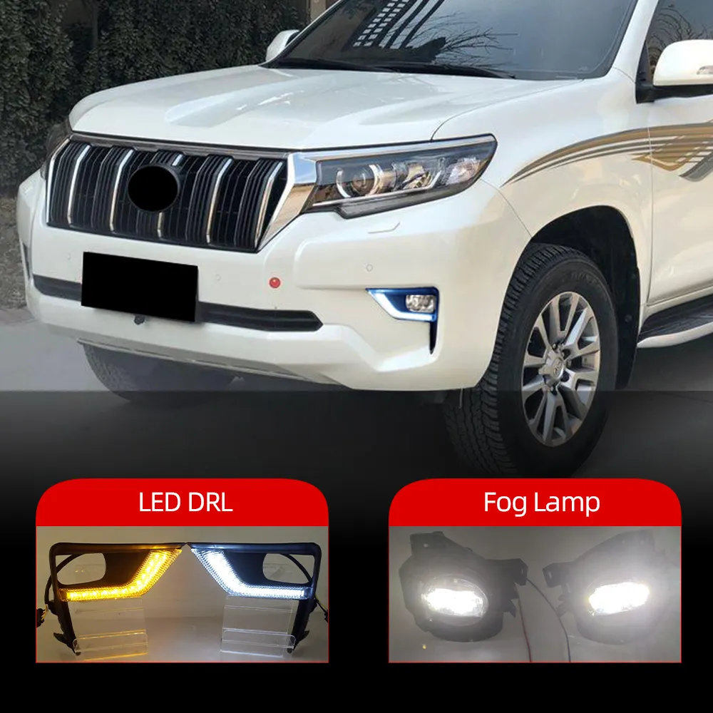 1pair voor Toyota Land Cruiser Prado 2018 2019 2020 LED-auto Dagrijverlichting DRL Mistlamp Montage Cover Turn Signal