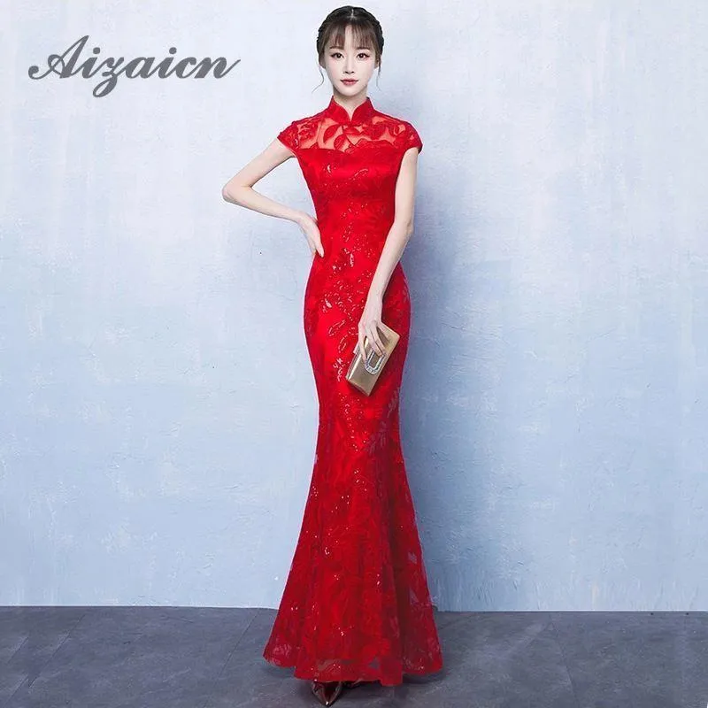 民族服赤レースの花Qipao Long Longの中国の女性伝統的なウェディングドレスプラスサイズのヴィンテージチャイナのドレスイブニングガウンチャイナ1