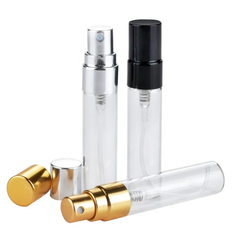 1000 teile/los Mini Spray flasche 5 ml Glas Parfüm Fläschchen Mit Schwarz Gold Silber Kappe Leere Parfüm Probe Flaschen