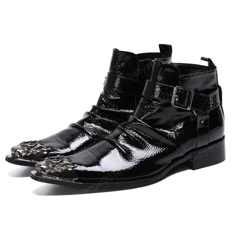 Plus Size Schwarz Spitzschuh Plissee Mann Handgefertigte Motorradschuhe Lackleder Herren Cowboy Stiefeletten