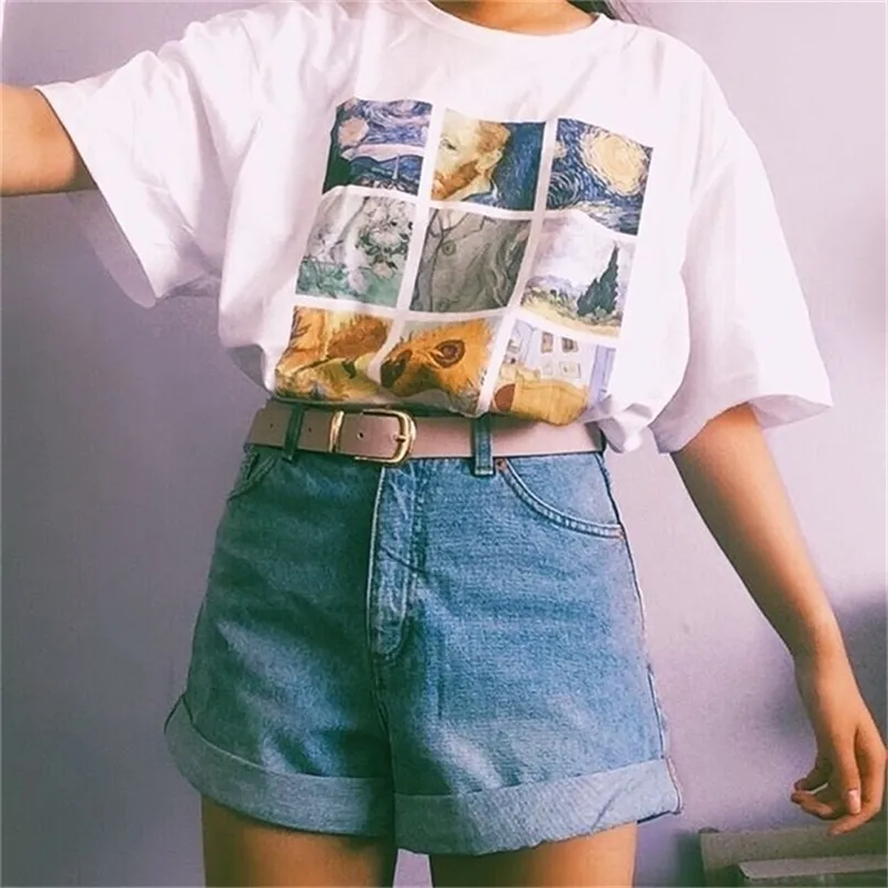 Kuakuayu HJN Van Gogh Pittura Vintage Moda Estetica T-shirt bianca anni '90 Cute Art Tee Hipster Grunge Top 220315