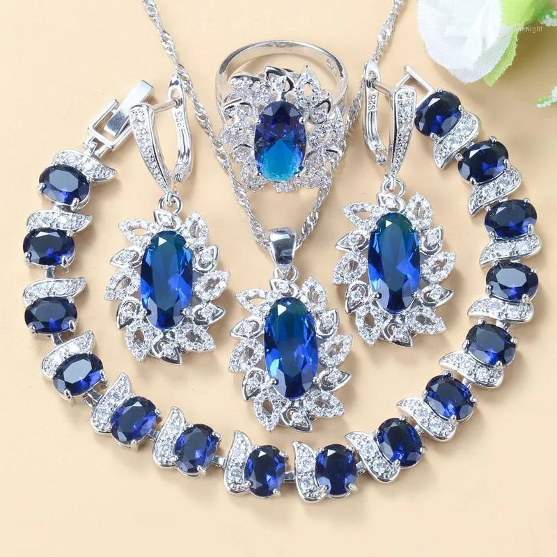 Zilver 925 bruids kostuum sieraden sets met natuursteen CZ blauwe bengelen oorbellen armband en ring voor vrouwen sieraden1