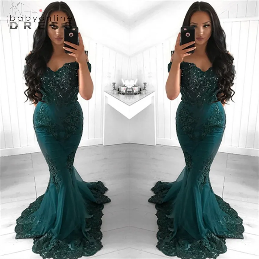 Gorgeous Dark Green Lace Mermaid Evening Dresses Elegant Off Shoulder Appliques Beads Long Evening Prom Occasion Gowns Formal Vestidos