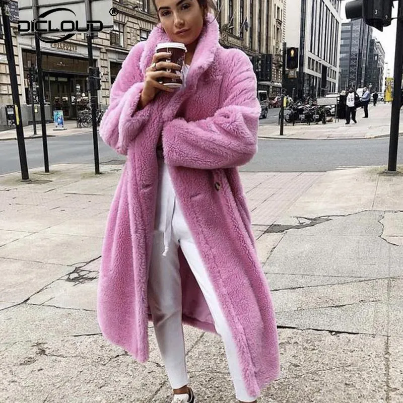 2021 Roze lange teddybeer jas jas vrouwen winter dikke warme oversized overjas vrouwen faux lambswol bontjassen dikke bovenkleding