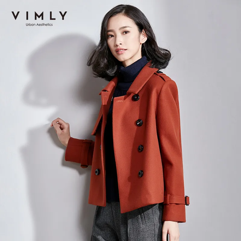 Vimly Sonbahar Kış Zarif Yün Palto Kadınlar Vintage Lapel Çift Kırık Uzun Kollu Kadın Kısa Ceketler 30125 201102