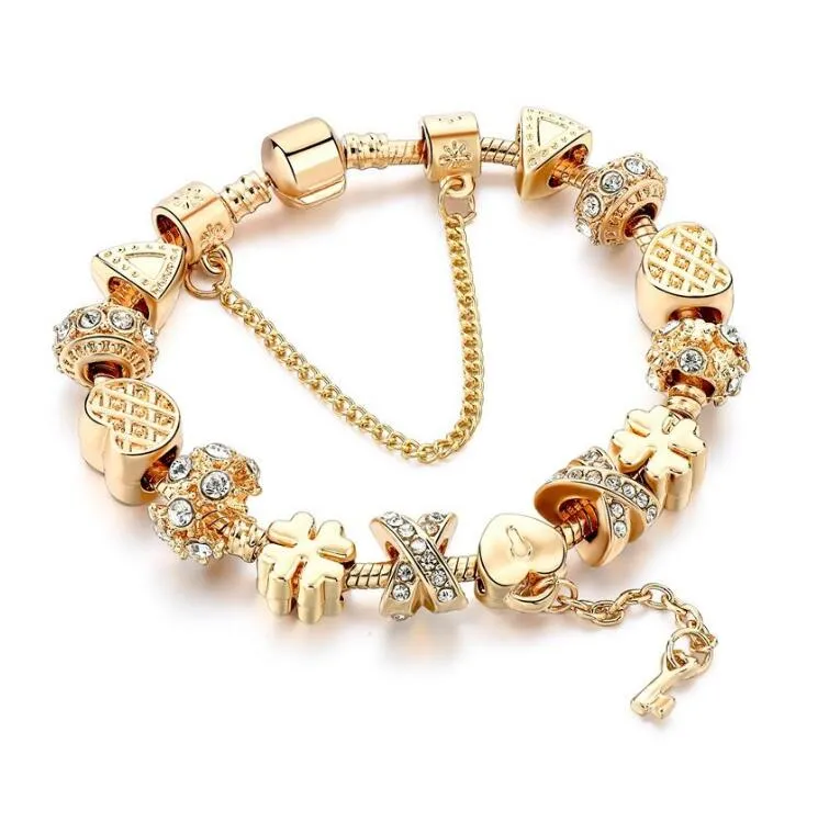 Mode Wit Crystal Key Charm Armband Voor Vrouwen Goud Europese DIY Kralen Armbanden Bangles Pulseira GD950