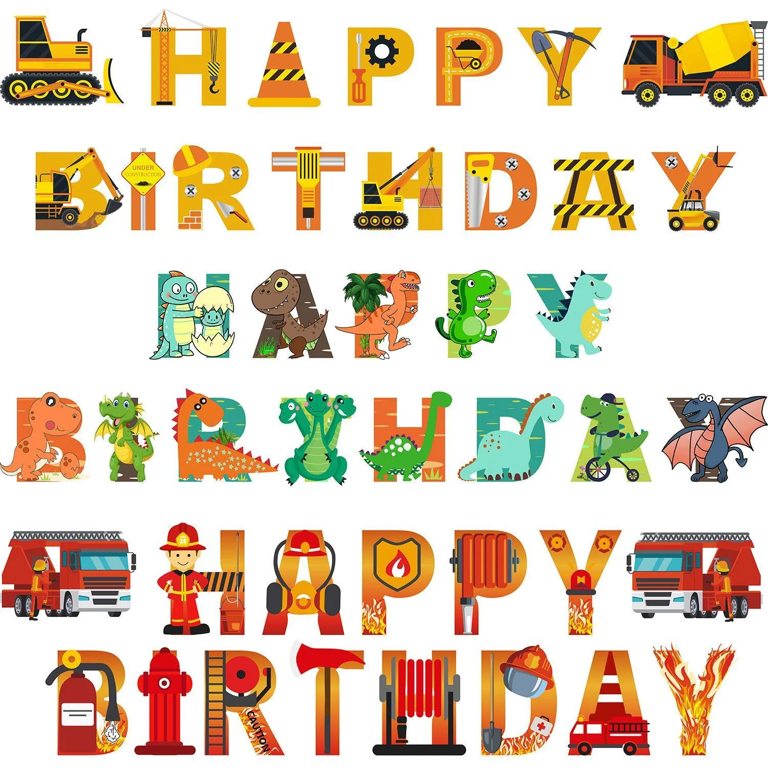 Garland Party Decoration Fire Truck Dinosaur Engineering Vehicle Happy Birthday Baby Shower Garden Banner for Kids Adult Theme Evening