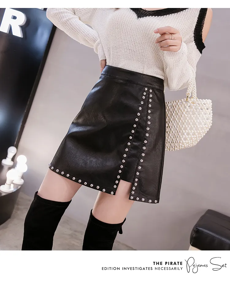 New design fashion womens high waist PU leather rivets patchwork sexy vent jag short pencil skirt boot cut plus size skirt SMLXLXXL3XL