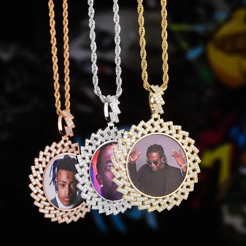 Custom Memory Photo Ronde Medallions Ketting Hanger Met 4mm Tennis Ketting Touw Ketting Goud Zilver Kubieke Zirkoon Hip Hop Sieraden