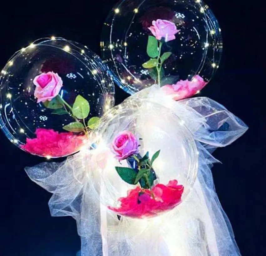 LED Rose Bobo Ball Licht Lichtgevende Ballon Rose Boeket Transparante Bubble Ball voor Valentijnsdag Gift Bruiloft Decoratie door zee GGA3844