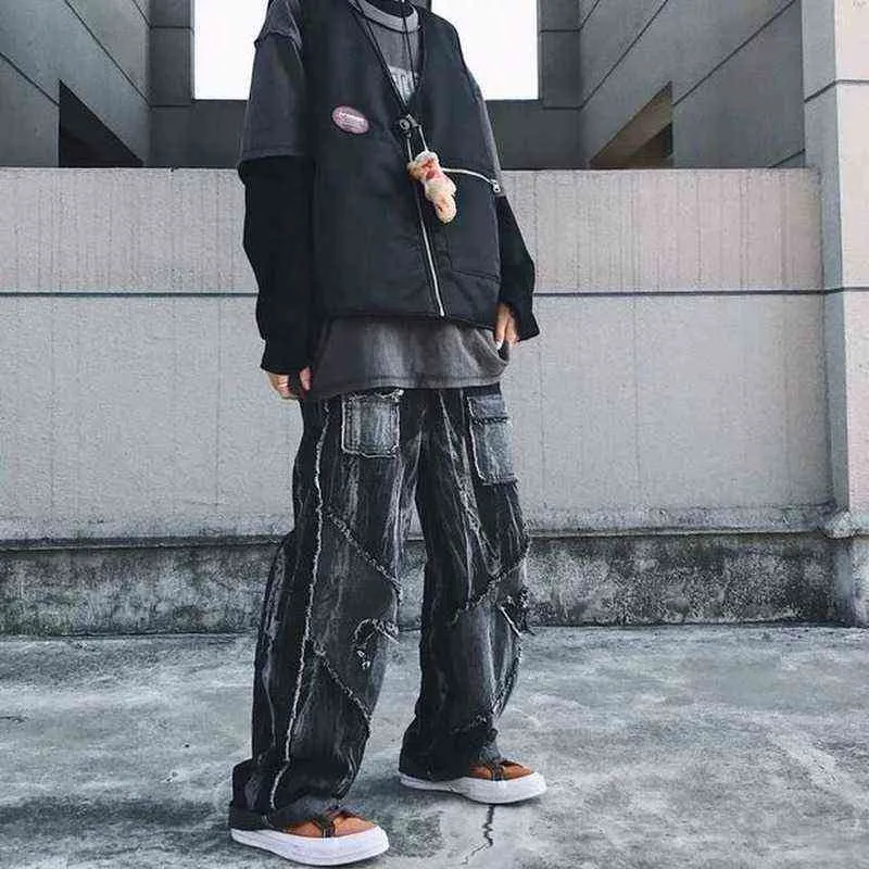 HOUZHOU Jeans da uomo punk gotici Pantaloni in denim nero Pantaloni patchwork maschili Goth per uomo Streetwear Hip Hop Harajuku Hippie 0309