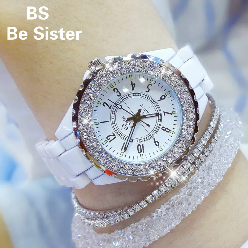 BS Luxury Ceramic Women Watch Crystal White Ladies Quartz Armbandsur Mode Kvinnor Klockor Ladies Armband Klockor Kvinna Klocka 201119