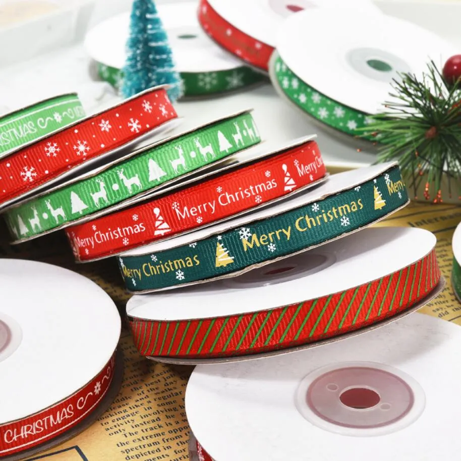 25 Yards 10mm Christmas Ribbon Printed Grosgrain Ribbons for Gift Wrapping Wedding Decoration Hair Bows DIY Free Shipping