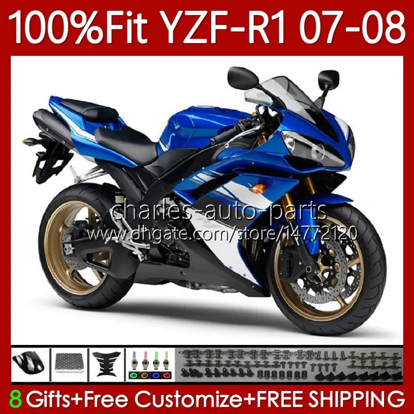 Oem karosseri 100% passform för yamaha yzf-r1 yzf1000 yzf r 1 1000 cc 07-08 moto kropp 91no.51 yzf r1 1000cc yzfr1 07 08 yzf-1000 2007 2008 INJECTION MOLD FAIRING KIT Blå vit blk