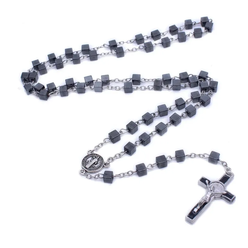 Rosario cattolico con perline quadrate Collana lunga con filo a croce