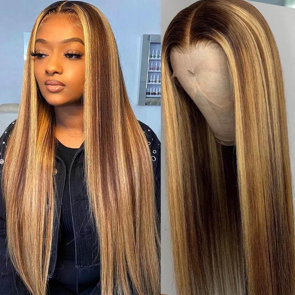 Ombre blond höjdpunkter mänskliga hår peruker för svarta kvinnor brasilianska jungfru hår glueless brun blandade honung blondin streck spets fram peruk