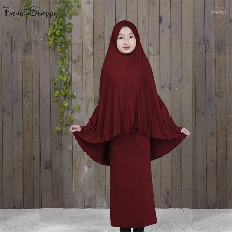 女の子のための伝統的なAbaya Hijabローブ2ピースイスラム教徒の祈りの服子供の固体緩い大きなAbayas D8281