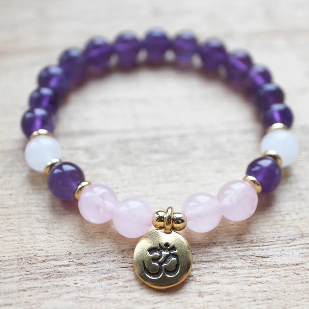 MG1332 Naturel Améthyste Poignet Mala Yoga Bracelet Rose Quartz Cristaux Handamde Bracelet Spirituel Guérison Bijoux Pour Femmes