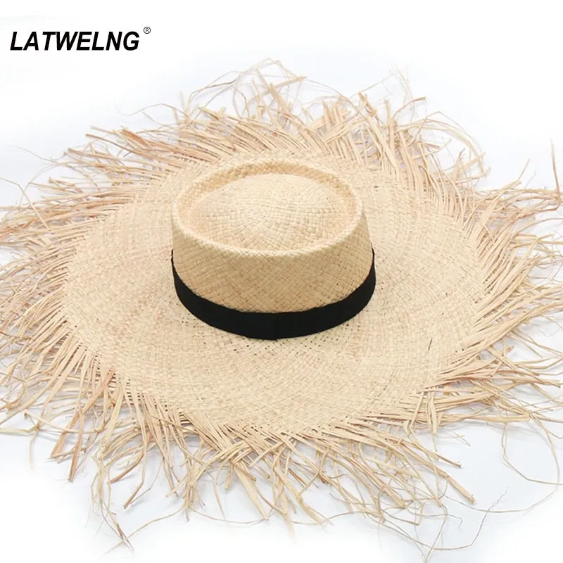 여성을위한 새로운 수제 대형 해변 모자 Big Brim Bummer Sun Hat Raffia 쿨링 UV 모자 도매 드롭 컨칭 NH976 Y200714