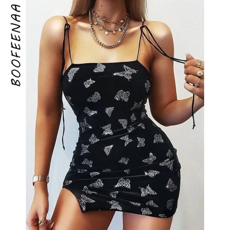 BOOFEENAA Argent Papillon Imprimer Noir Velours Sexy Fente Moulante Mini Robe Femmes 2020 Gothique Party Night Club Robes C80-I67 T200623