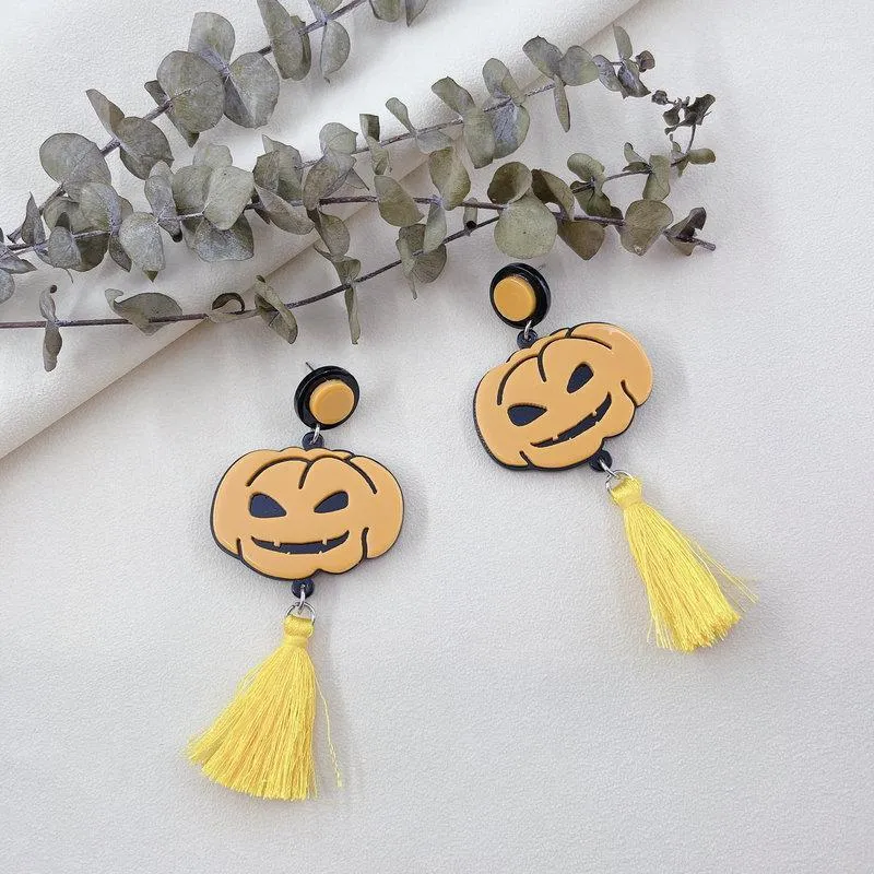 Dangle & Chandelier Halloween Earrings For Women Goth Acrylic Pumpkin Face Tassel Yellow Fashion Jewelry Punk Funny Gifts Wholesale