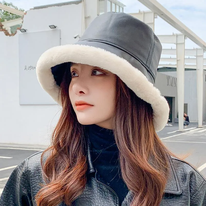 Korean Fashion Black Leather Bucket Winter Hat For Women Faux Fur
