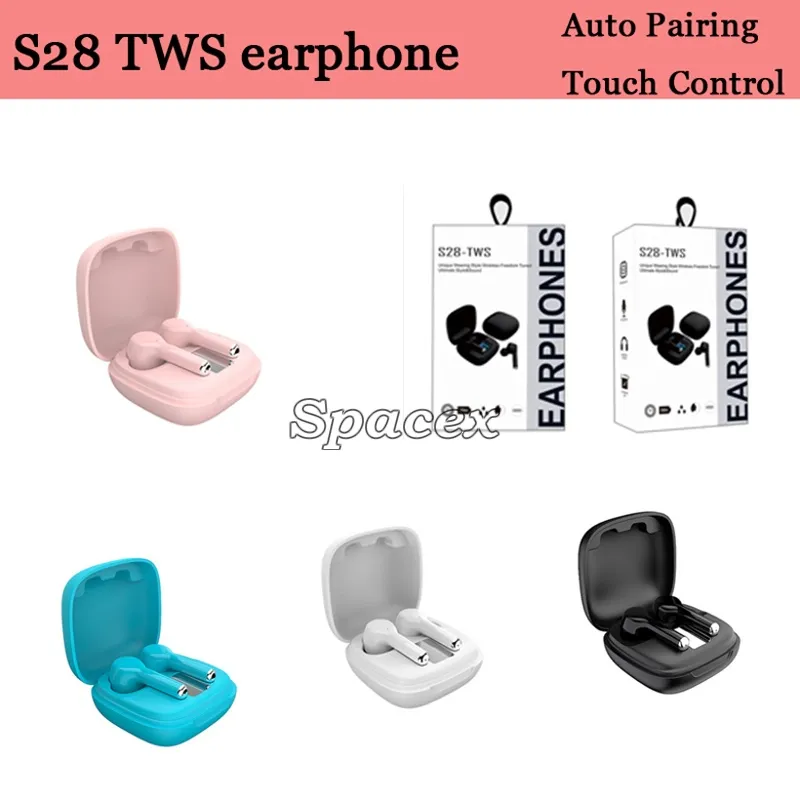 Kvalitet S28 TWS trådlös Bluetoothv5.1 Headsets Auto Pairing Headsets Universal Vattentät Earbuds Touch Control Anhörlurar