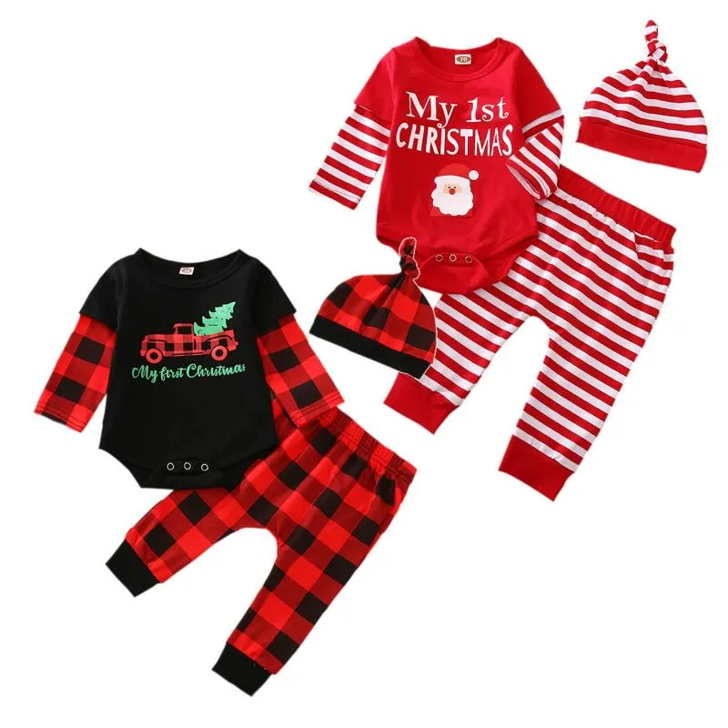 Ensembles de vêtements de Noël bébé bébé filles garçons 3pcs Set ma première lettre imprimer le body à manches longues + pantalon + chapeau