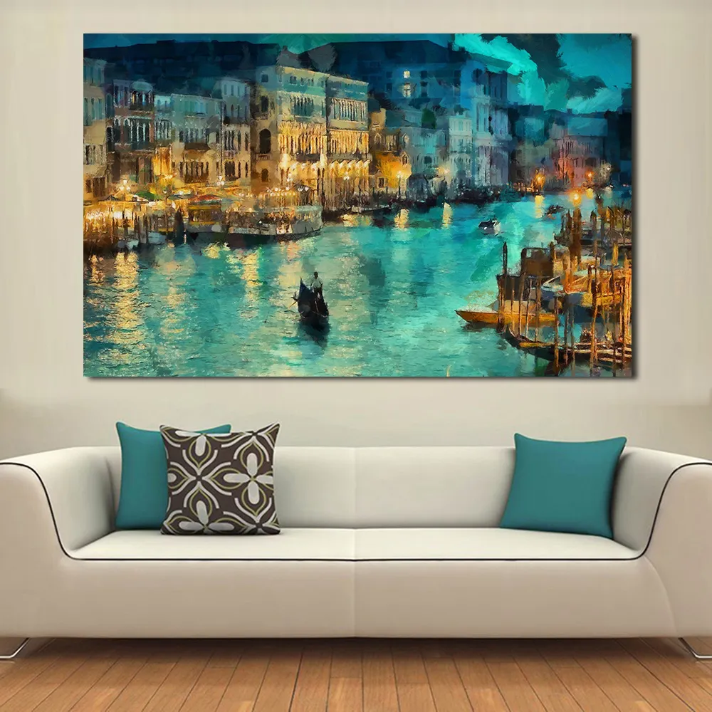 JQHYART A small town at night Moat building ship Painting Canvas Wall Art Picture On Prints Poster Home Decor Canvas No Frame Y200102