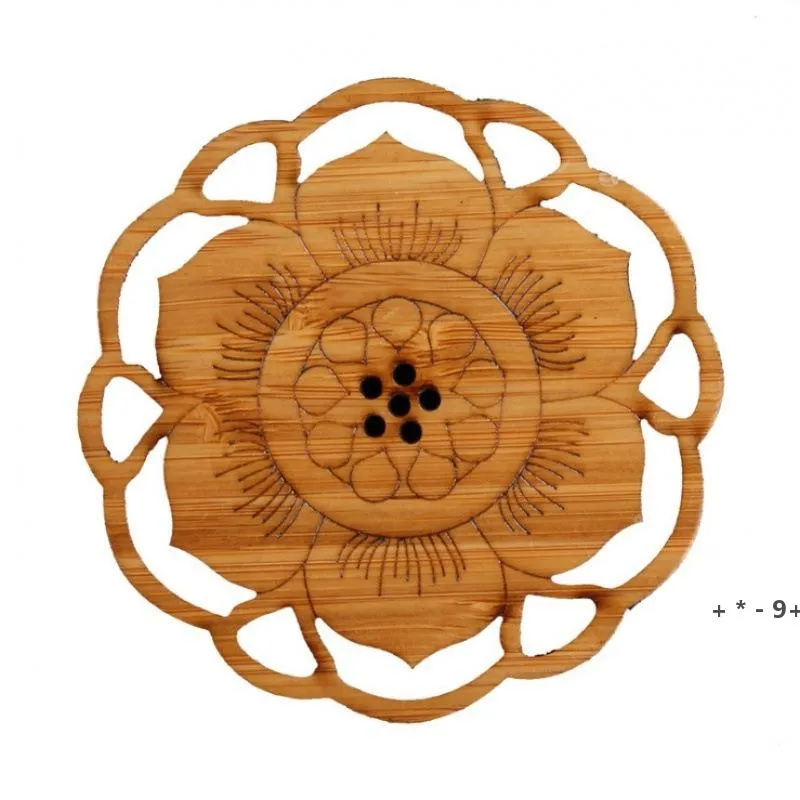 Naturalny bambusowy stołowy Mat Cup Coaster Tea Cup Pad Retro Lotus Carving Ekologiczne Round Herew Izolacja Akcesoria RRF13339