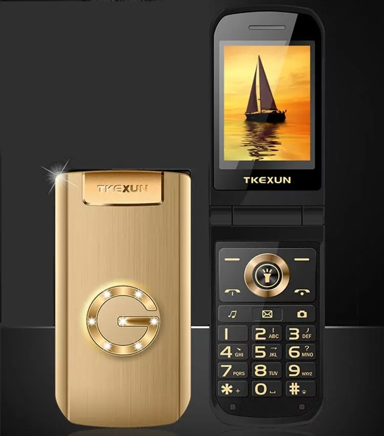 Originale TKEXUN G9000 Corpo in metallo di lusso Golden Flip Telefoni cellulari Fotocamera Bluetooth Dual Sim Card Touch screen da 2,4 pollici Mp3 Cellulare