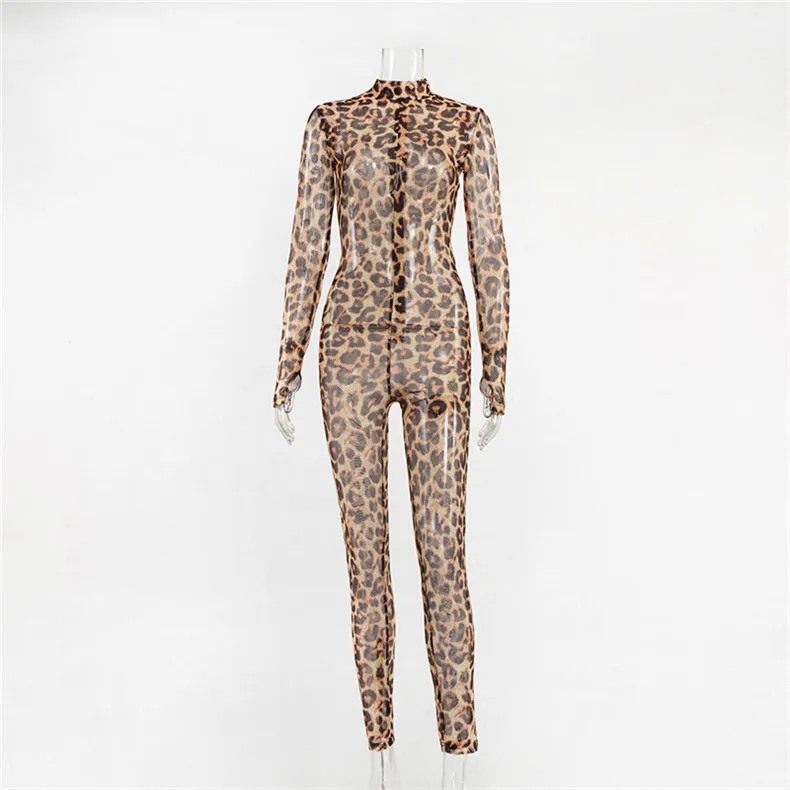 ANJAMANOR Cheetah Animal Print Sheer Mesh Sexy Jumpsuit Clubwear ...