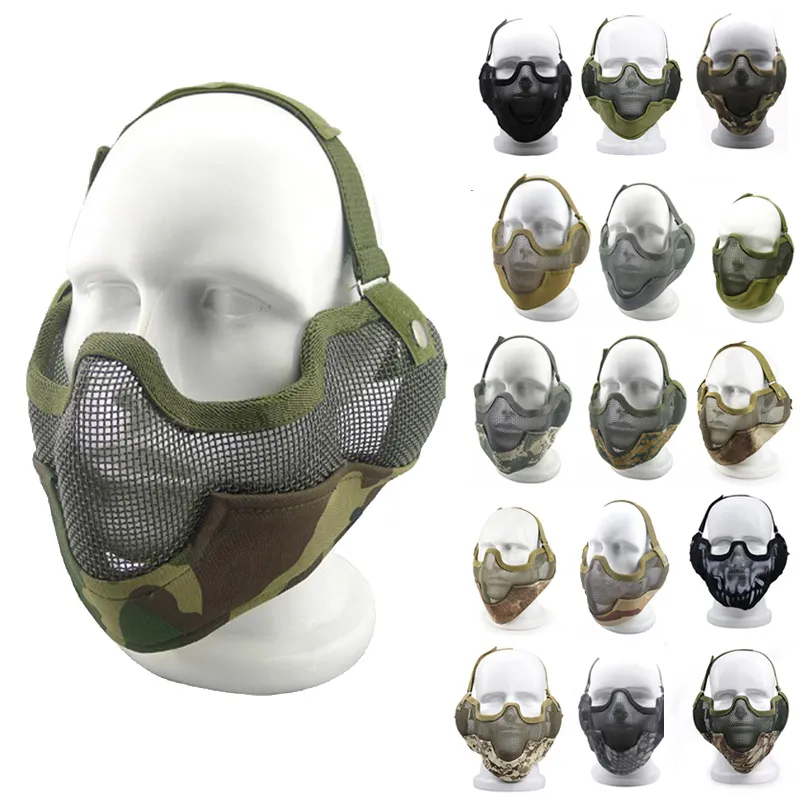 Tactical Airsoft Mask med öronskydd utomhus skytte skyddsutrustning v2 metallståltråd nät halva ansikte no03-004