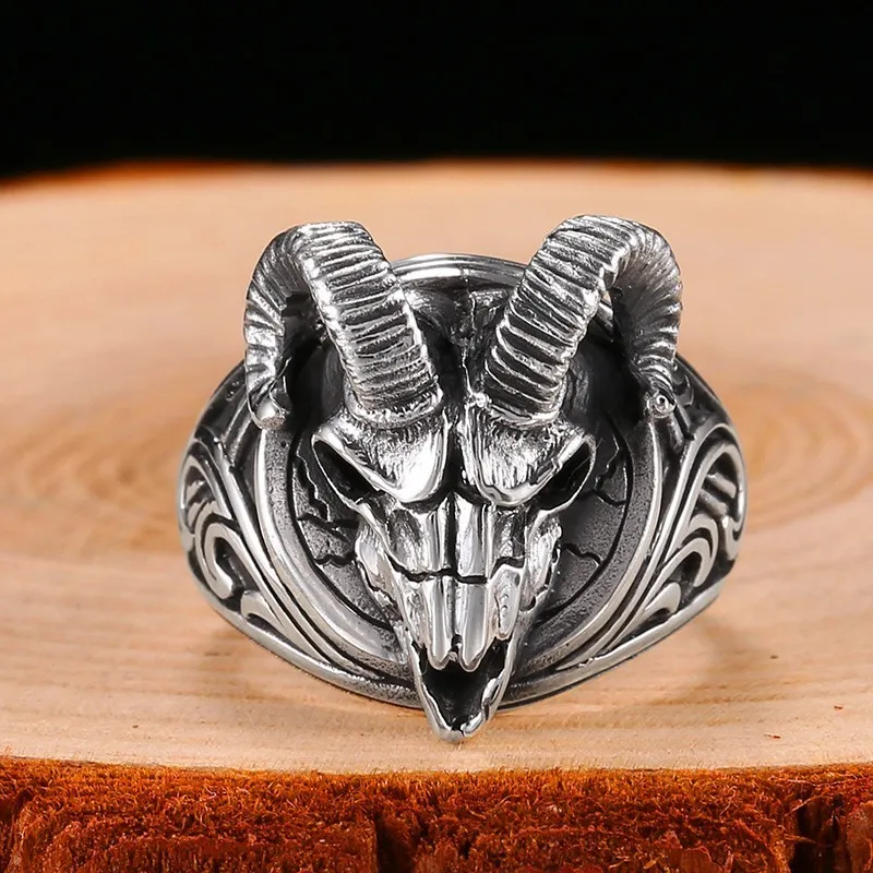 Головное кольцо стерлингового серебра 925 стерлингового серебра хип-хоп злая овец череп кольцо скелет животных виритель викинга викинговые викинговые викинговые украшения