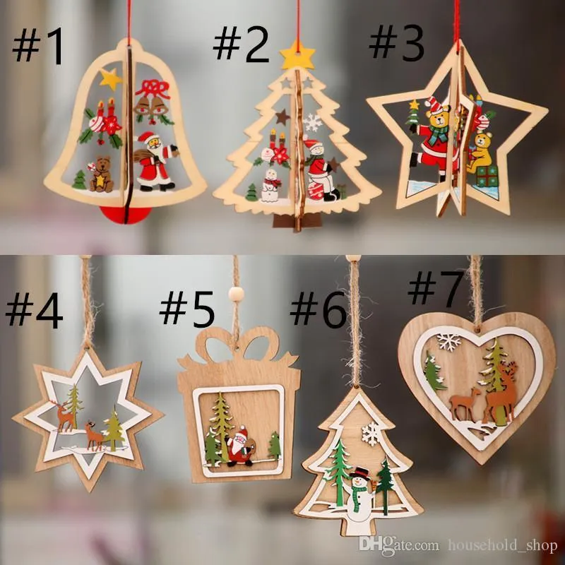 Christmas decorations Christmas ornament Wooden Christmas tree Small pendant Wooden five-pointed star bell pendant gift for child A04