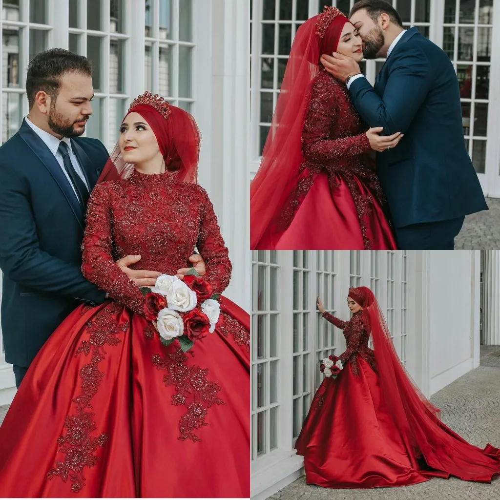 Muslim Arabic Ball Gown Wedding Dresses 2021 Red High Neck Long Sleeves Major Beading Bridal Gowns Puffy Satin Kaftan Dubai Abaya AL7897