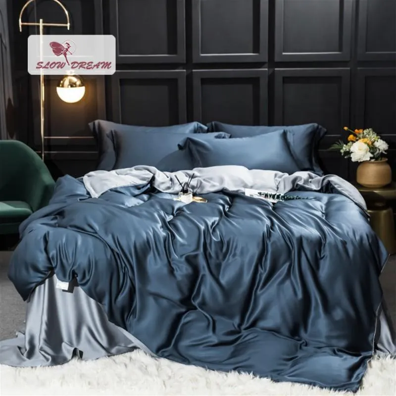 SlowDream Pure Blue Grey 100% Silke Bedding Set Beauty Healthy Queen King Silky Quilt Cover Pillwocase Flatplåt eller monterad plåt