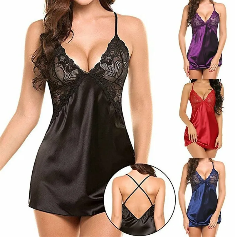 Женские женские женское белье женское белье Sexy Faux Silk Nightgowns Satin Sleewwurs кружева ночное платье женщины V-образным вырезом ночной кочь набор ночной кости