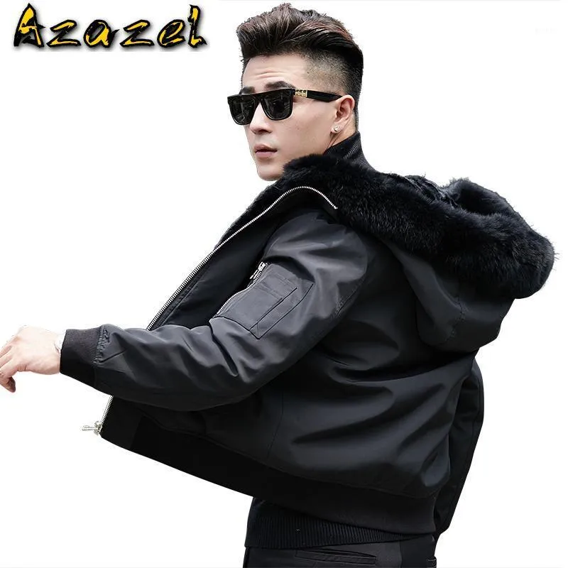 Azazel Winter Real Natural Piel de la piel de los hombres Cuello de piel Capucha Chaqueta Masculina Corta Mens Parka Alta Calidad AE18001 KJ8121