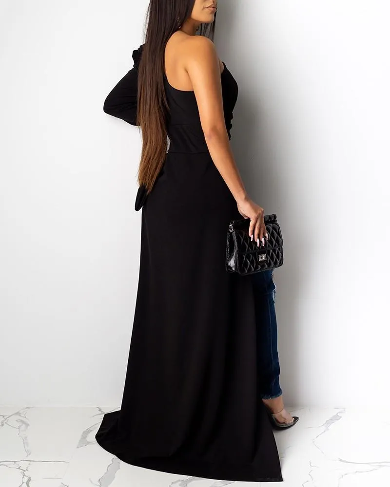 Shirts Solid One Shoulder Dip Hem Blouse Long Sleeve Skew Collar