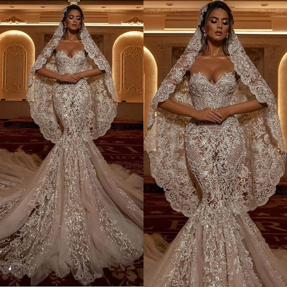 Luxury Lace Applique Mermaid Bröllopsklänningar 2020 Sweetheart Illusion Zipper Back Sweep Train Bride Dress Vestido de Noiva