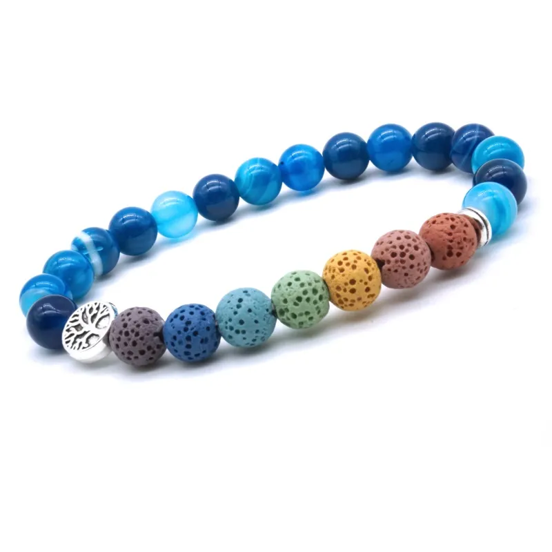 Árvore da vida 8mm 7 Chakras Charmos Bracelete Lava Pedra azul listra roxa Índia Minchações Óbulos essenciais Bracelets de ioga Jóias de ioga