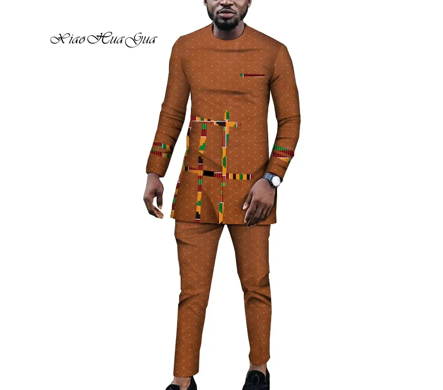 Tradicional Africano Bazin Riche Imprimir Tops Vestido e Calças África Homens Roupas de Manga Longa Camisa Vestido e Calças Set Wyn920