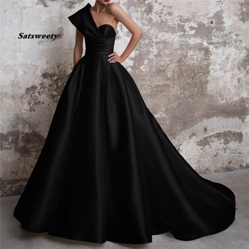 Vestidos de Gala Satin Evening Prom Dresses Long 2023 Zwart formele jurken Een schouderbaljurk ABIYE GECE ELBISESI