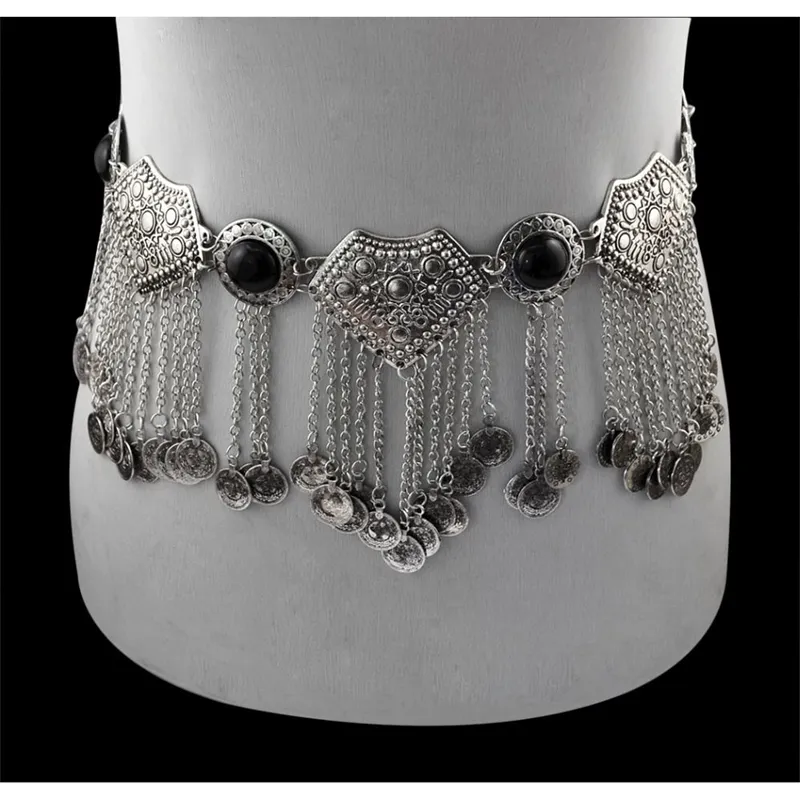 Turkiska Gypsy Silver Belly Chains Boho Etniska Smycken Sexig Bikini Waist Dans Mynt Klänning Bälte Buk Piercing Tribal Smycken T200508