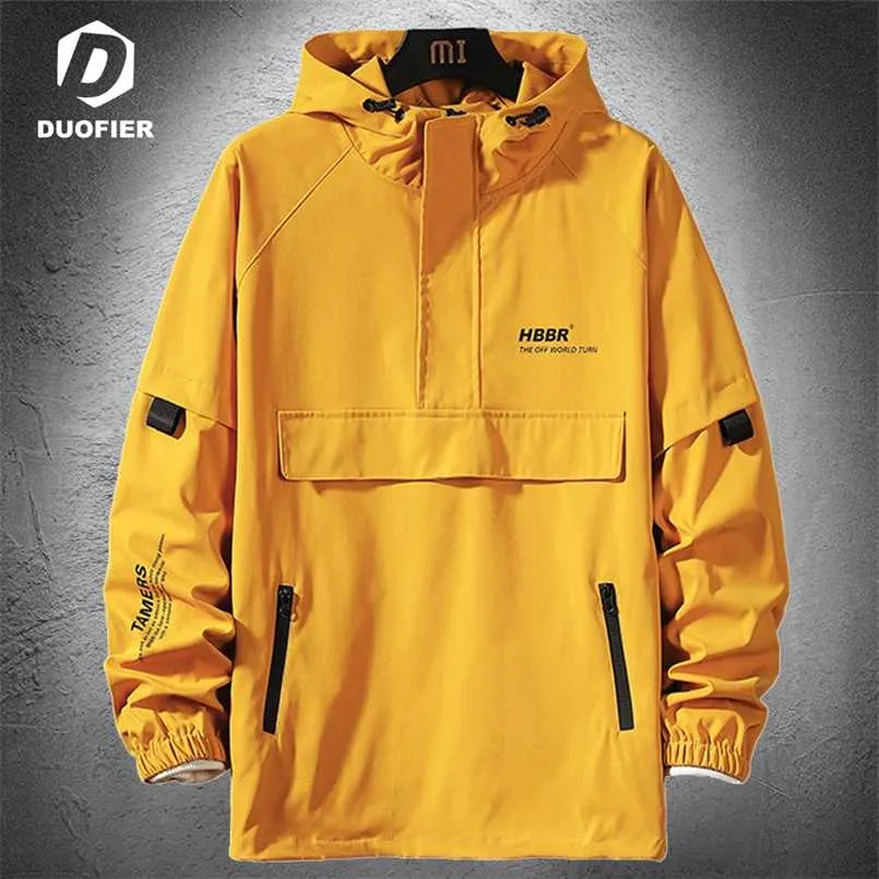 メンズジャケット春秋のトレンディな細いプルオーバーフード付きジャケットヒップホップストリートウェア男性カジュアルコート黄色の防水ウインドブレーカー220124