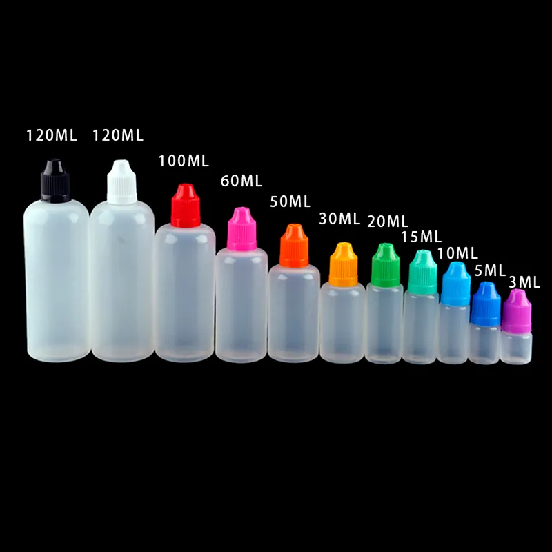 E-CIG Plastik Damla Şişe Çocuk geçirmez kapak ve uzun ince iğne ucu boş şişe 5ml 10ml 15ml 20ml 30ml 50ml 100ml E-sıvı şişeler