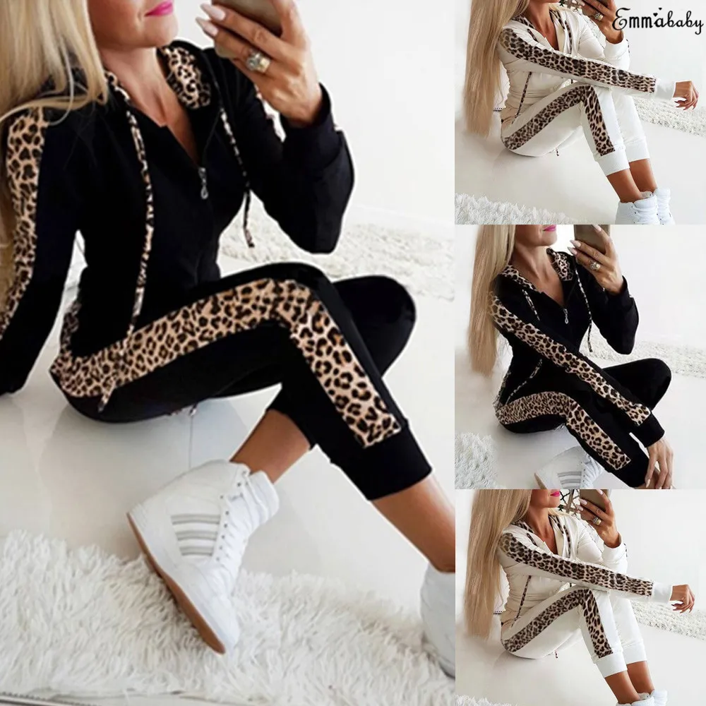 Tute da donna alla moda Felpa di alta qualità super soft pop Stampa leopardata Tasca a maniche lunghe Cerniera con stampa felpata Pantaloni con cappuccio autunno e inverno