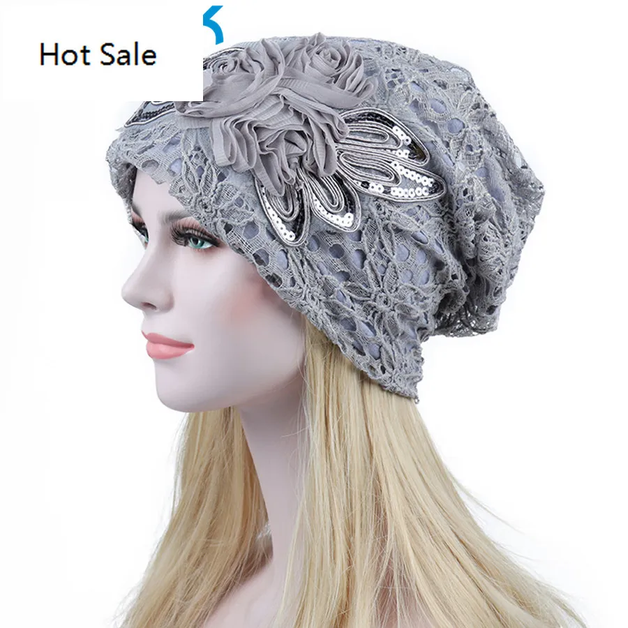 Beanie Flower Sequins Hats Women New Lace Beanies Spring Beanie Caps Summer Breathable Cap