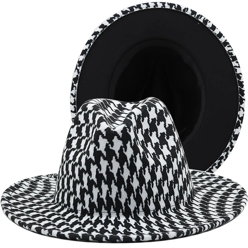 2022 Siyah Alt Yün Ile YENI Houndstooth Caz Fedora Şapka Kadın Erkek Geniş Ağız Patchwork Panama Parti Örgün Şapka Düğün Kapağı